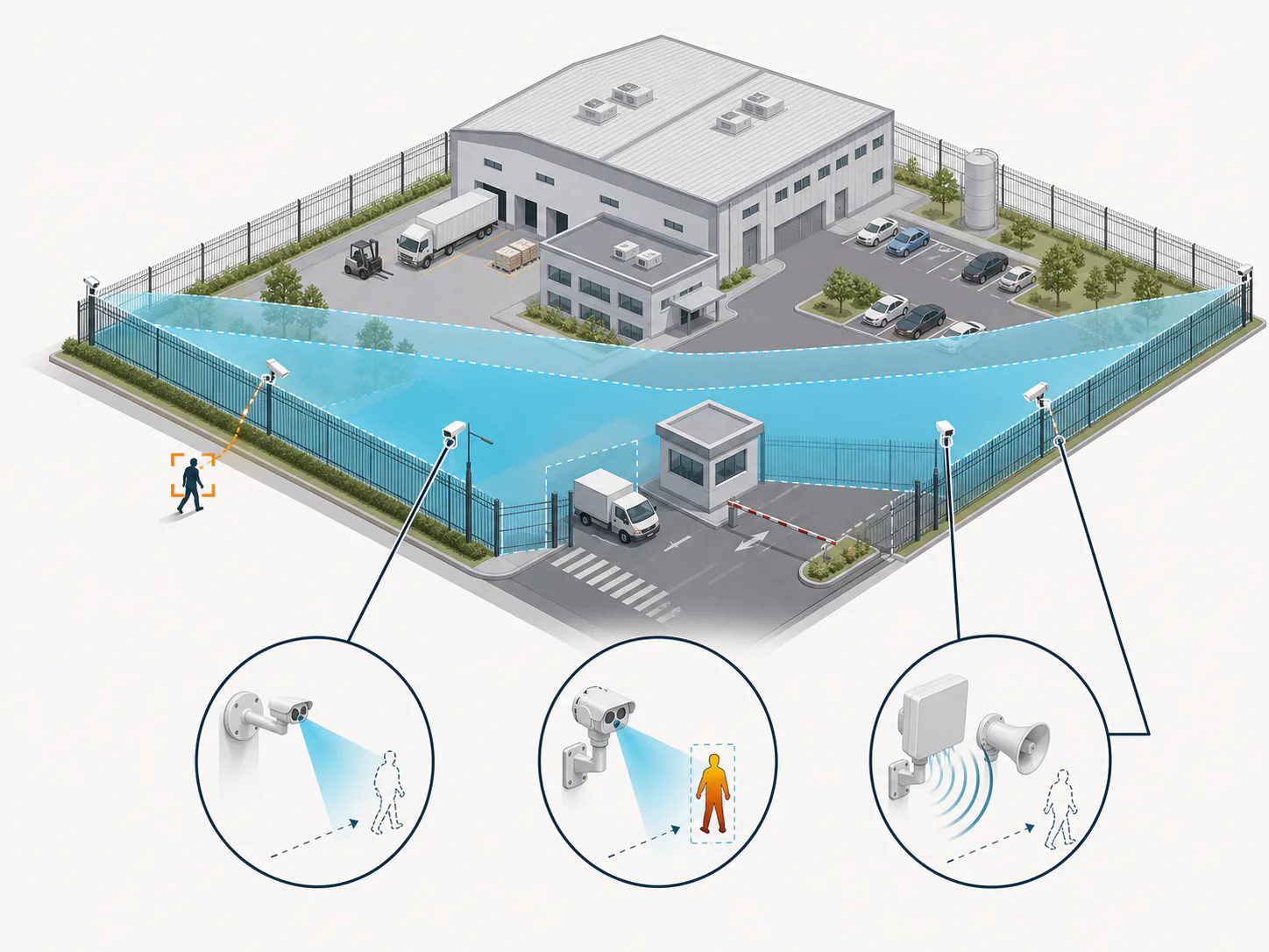 Diagrama de cámaras y analítica para perímetro industrial